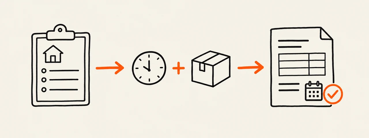 Project scope, labor time and materials becoming a finished estimate with a validity date